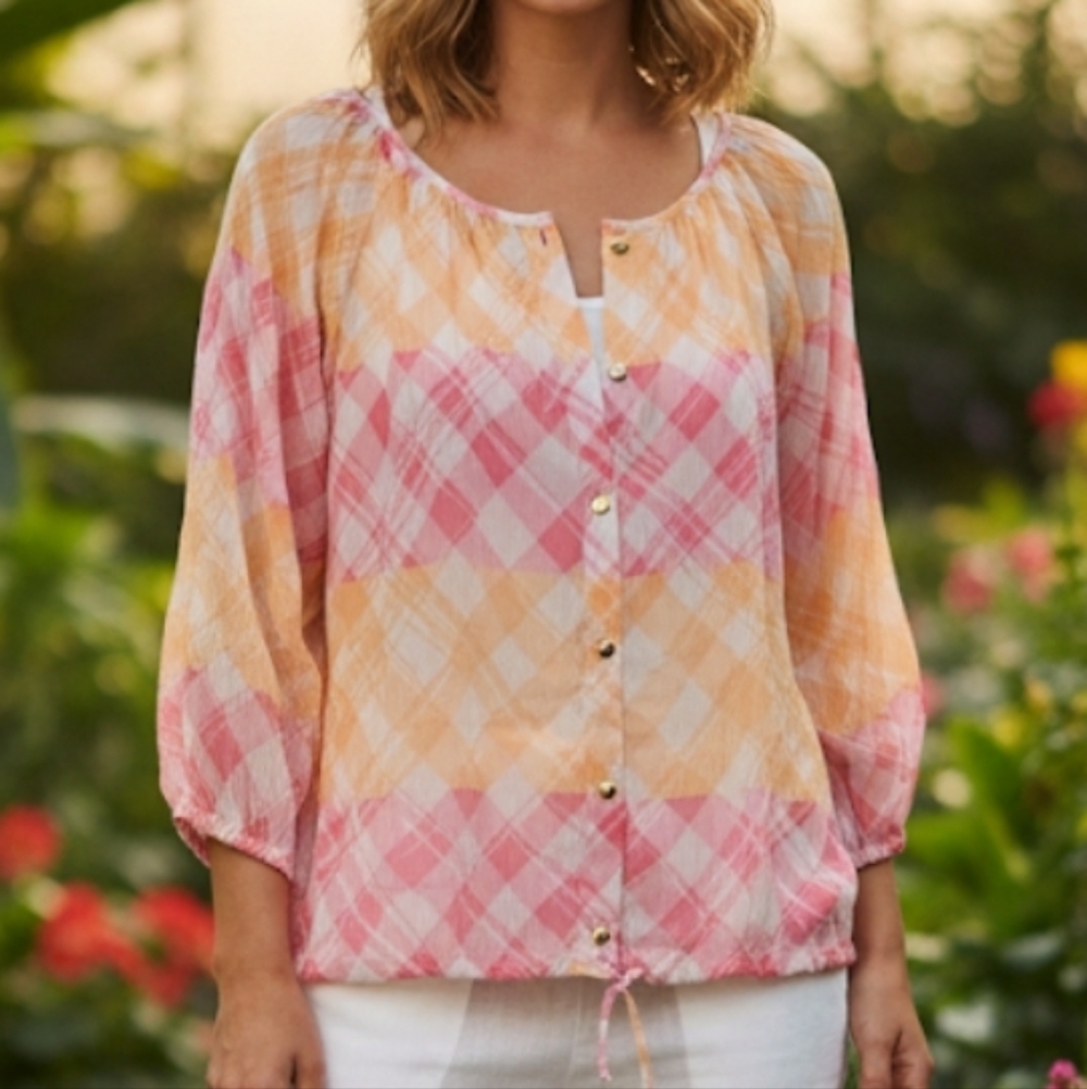 HEARTS OF PALM Coral Crush Peach Pink Semi Sheer Drawstring Blouse Jacket 8 NWT